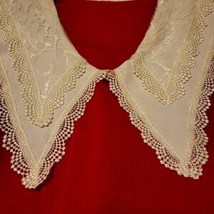 Vtg 80s Bright Lights Red Sweater & Skirt Sz Large Ivory Lace Dagger Collar NOS